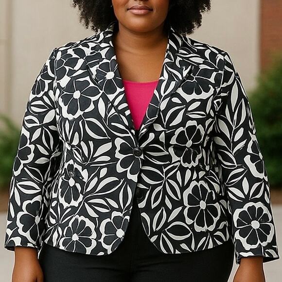 Sigrid Olsen Size 16 Black White Silk Cotton Floral Blazer Jacket Career Office - Picture 1 of 10